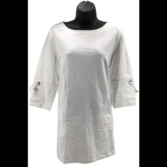 Denim & Co. Tops - Denim & Co. Active French Terry Tunic with Grommet Detail White - Regular